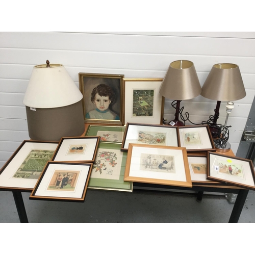 189 - QTY OF FRAMED PICTURES - TABLE LAMPS & SHADES