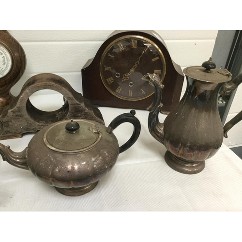 193 - CRATE OF CLOCKS, BAROMETER SILVER PLATED ITEMS