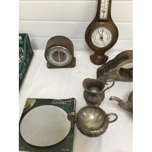 193 - CRATE OF CLOCKS, BAROMETER SILVER PLATED ITEMS