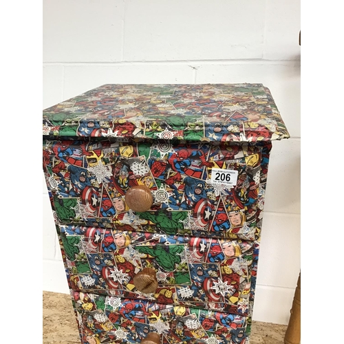 206 - 3 DRAWER BEDSIDE & MATCHING HIGH STOOL COVERED WITH MARVEL COMIC