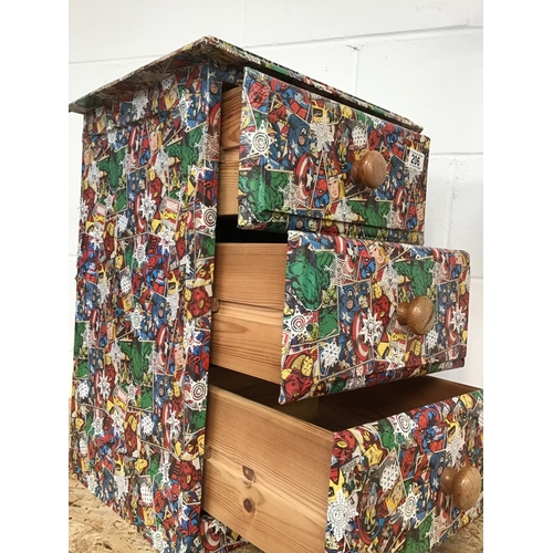 206 - 3 DRAWER BEDSIDE & MATCHING HIGH STOOL COVERED WITH MARVEL COMIC