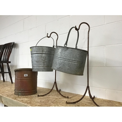 209 - 2 METAL STANDS, BUCKET, MOP BUCKET , COAL BUCKET