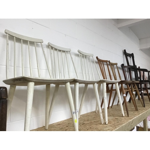 215 - 3 PAINTED DANISH CHAIRS & 3 ERCOL STRETCHERED CHAIRS