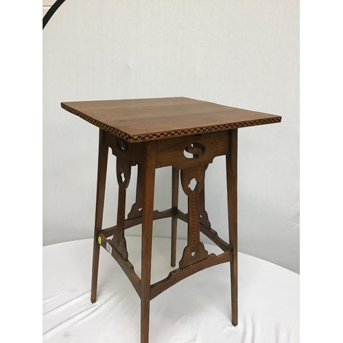 218 - OAK INLAID ARTS & CRAFTS WINDOW TABLE & VICTORIAN MAHOGANY PEDESTAL TABLE