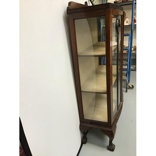 221 - MAHOGANY GLAZED DISPLAY CABINET ON CLAW & BALL FEET - GLASS CRACKED