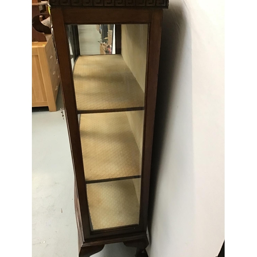 221 - MAHOGANY GLAZED DISPLAY CABINET ON CLAW & BALL FEET - GLASS CRACKED