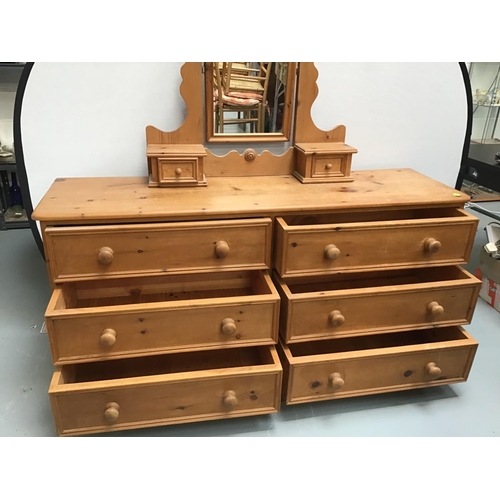 226 - WAXED PINE 6 DRAWER MERCHANTS CHEST C/W MIRROR WITH JEWELLERY DRAWERS - 60