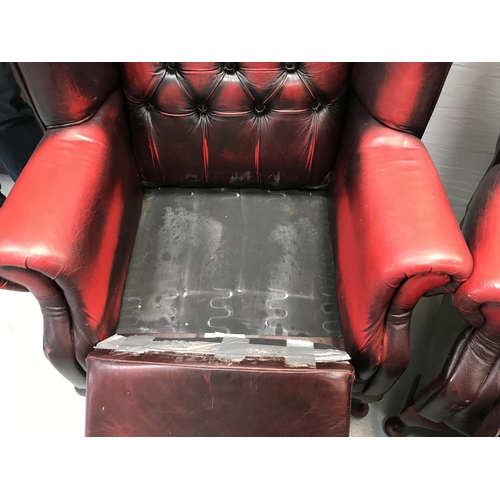 280 - PAIR OF OX BLOOD BUTTON BACKED CHESTERFIELD ARMCHAIRS ON CABRIOLE LEGS A/F - (damage to zip on 1 sea... 