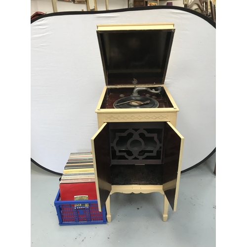 281 - VINTAGE PAINTED CABINET GRAMAPHONE & CRATE OF RECORDS