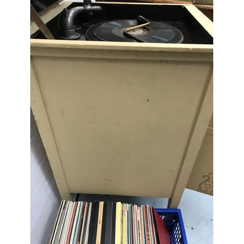 281 - VINTAGE PAINTED CABINET GRAMAPHONE & CRATE OF RECORDS