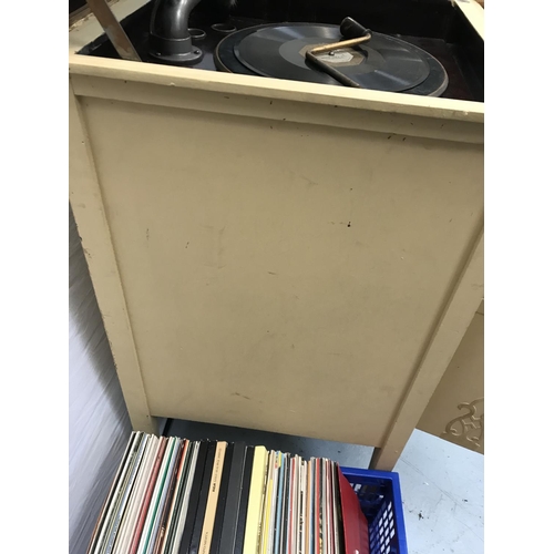 281 - VINTAGE PAINTED CABINET GRAMAPHONE & CRATE OF RECORDS