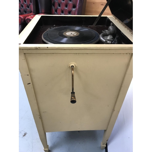 281 - VINTAGE PAINTED CABINET GRAMAPHONE & CRATE OF RECORDS