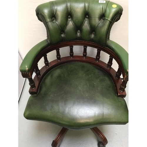 379 - REPRODUCTION GREEN LEATHER BUTTON BACKED OFFICE SWIVEL CHAIR