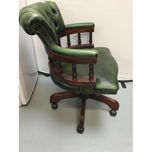 379 - REPRODUCTION GREEN LEATHER BUTTON BACKED OFFICE SWIVEL CHAIR