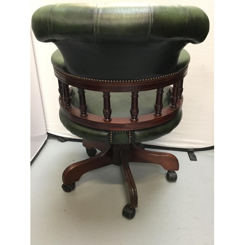 379 - REPRODUCTION GREEN LEATHER BUTTON BACKED OFFICE SWIVEL CHAIR