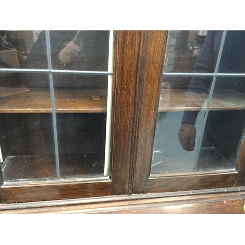 389 - OAK BUREAU BOOKCASE WITH LEADED GLASS