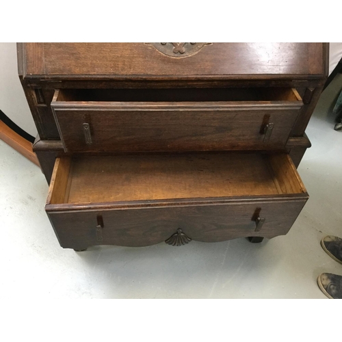 389 - OAK BUREAU BOOKCASE WITH LEADED GLASS