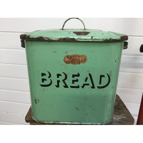 406 - 2 VINTAGE ENAMEL BREAD BINS, WALLS ADVERTISING ICE CREAM TIN, VINTAGE STOOL AND TROLLEY