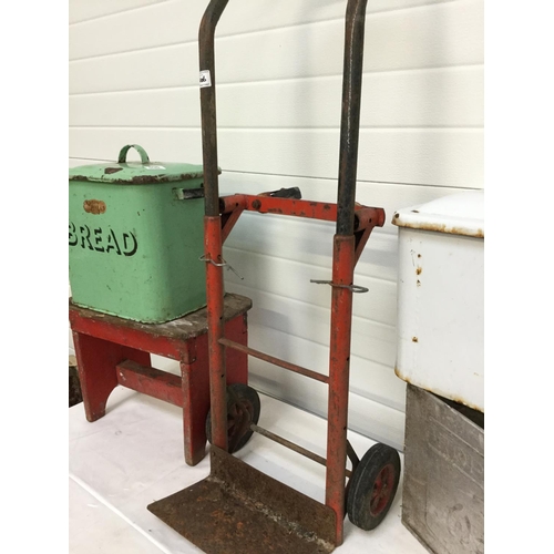 406 - 2 VINTAGE ENAMEL BREAD BINS, WALLS ADVERTISING ICE CREAM TIN, VINTAGE STOOL AND TROLLEY