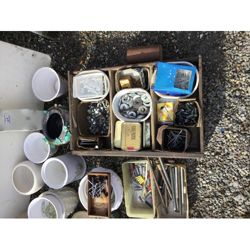 88 - CRATE OF EARTHENWARE JARS, CRATE OF JARDINIERES AND A CRATE OF HARDWARE