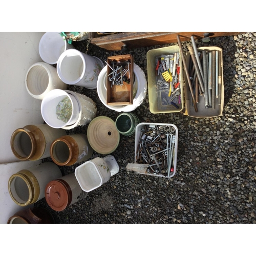 88 - CRATE OF EARTHENWARE JARS, CRATE OF JARDINIERES AND A CRATE OF HARDWARE