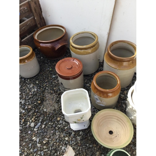 88 - CRATE OF EARTHENWARE JARS, CRATE OF JARDINIERES AND A CRATE OF HARDWARE