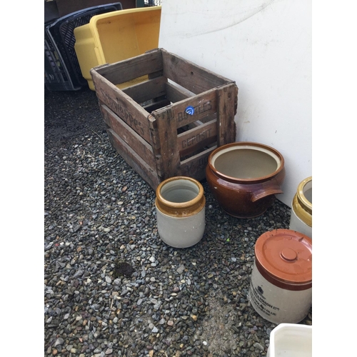 88 - CRATE OF EARTHENWARE JARS, CRATE OF JARDINIERES AND A CRATE OF HARDWARE