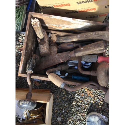 89 - LARGE QTY OF HARDWARE TO INCLUDING TOOLS, BRASS BLOW LAMPS, 56 LB WEIGHT ETC