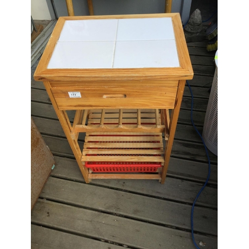 111 - VINTAGE KITCHEN TABLE, 2 FOLDING TABLES, 3 FOLDING CHAIRS AND A KITCHEN TIDY