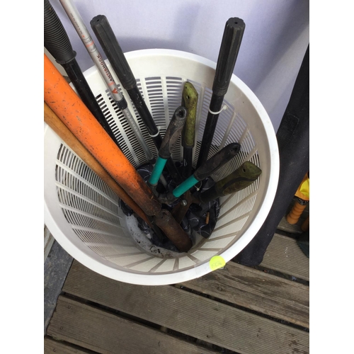 114 - 3 TUBS OF ODDS TO INCLUDE UMBRELLAS, DRAINING RODS, AXE ETC