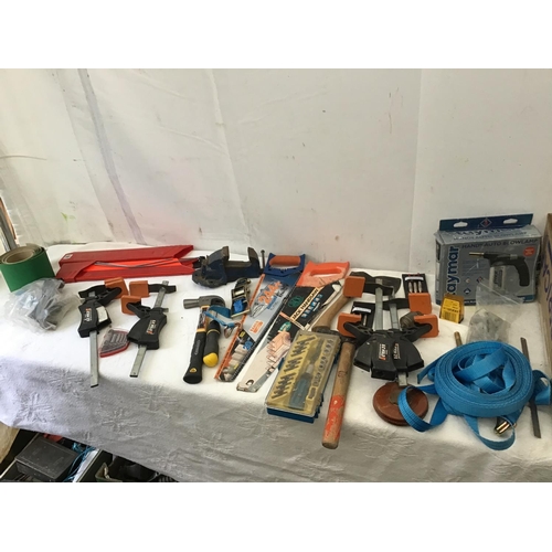 154 - BOX OF TOOLS AND HARDWARE TO INCLUDE BENCH VICE, AXES, CLAMPS ETC