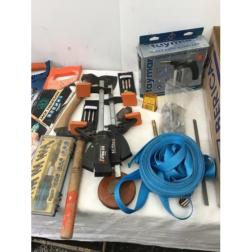 154 - BOX OF TOOLS AND HARDWARE TO INCLUDE BENCH VICE, AXES, CLAMPS ETC