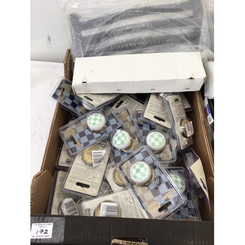 172 - 3 BOXES OF HARDWARE TO INCLUDE CERAMIC KNOBS HINGES, STAIR ROD,S FIRE FRONTS ETC