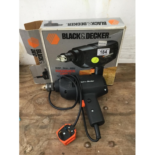 184 - BLACK & DECKER ELECTRIC HAMMER DRILL, A STANLEY NO 4 PLANE AND A BREAST DRILL