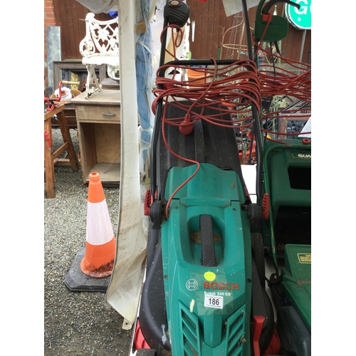 186 - BOSCH ELECTRIC ROTARY MOWER, A BOSCH ELECTRIC HEDGE CUTTER AND A QUALCAST ELECTRIC MOWER W/O