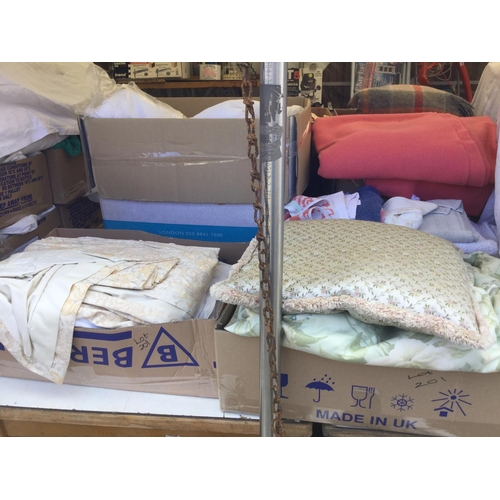 201 - 7 BOXES OF LINEN TO INCLUDE BLANKETS TOWELS MATERIAL ETC