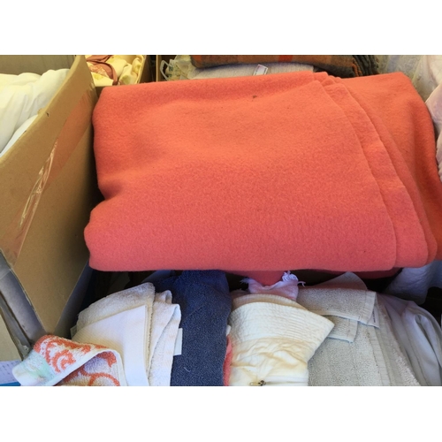 201 - 7 BOXES OF LINEN TO INCLUDE BLANKETS TOWELS MATERIAL ETC