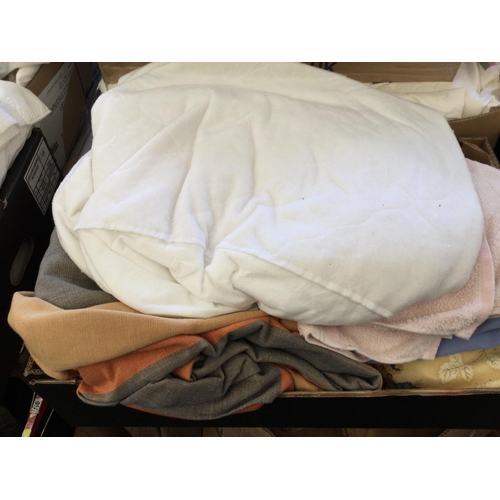 202 - 9 BOXES OF BEDDING AND LINEN A BOX OF COAT HANGERS AND A BOX OF BELTS