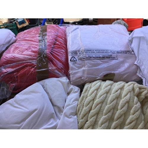 202 - 9 BOXES OF BEDDING AND LINEN A BOX OF COAT HANGERS AND A BOX OF BELTS