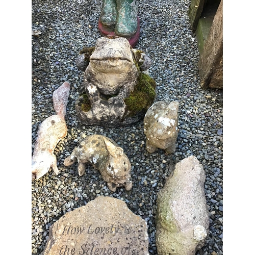 227 - QTY OF GARDEN ORNAMENTS TO INCLUDE GARDEN FROG SQUIRREL, RABBITS, WELLINGTON BOOTS ETC