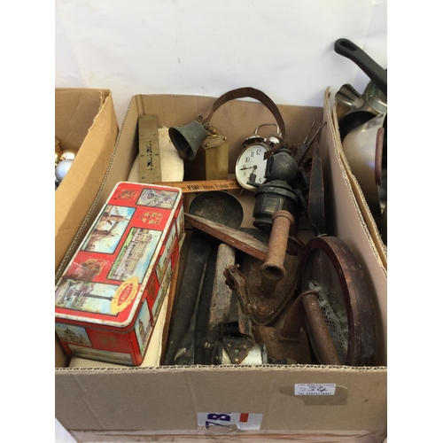 234 - 4 BOXES OF ODDS TO INCLUDE LAMPS, BINOCULARS KITCHENWARE ETC