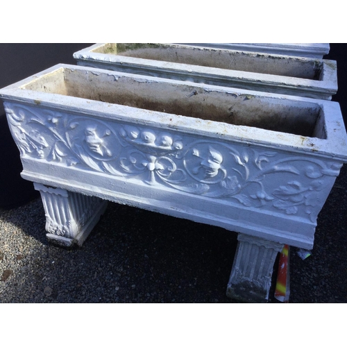 243 - PAIR OF LARGE ORNATE OBLONG PLANTERS ON PLINTHS AND 1 OTHER (DAMAGED)
L 46