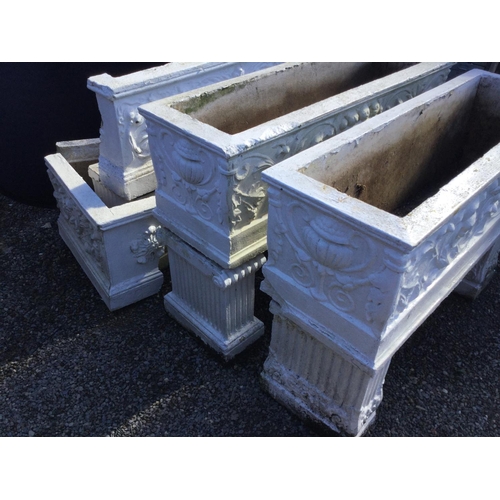 243 - PAIR OF LARGE ORNATE OBLONG PLANTERS ON PLINTHS AND 1 OTHER (DAMAGED)
L 46