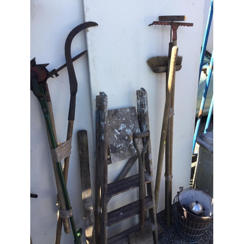 248 - LARGE QTY OF GARDEN TOOLS, STEPS, BUCKETS ETC