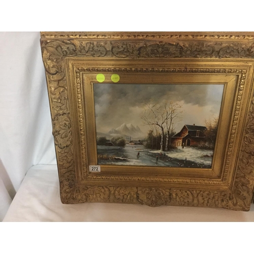 272 - PAIR OF WINTER SCENES PAINTED ON BOARD BY ADRIAN NORLEY IN GILT FRAMES WITH CERTIFICATE OF AUTHENTIC... 