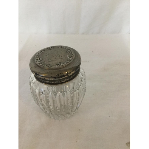 280 - PAIR OF SILVER PLATED BOTTLE COASTERS WITH LION MASK DECORATION ALONG WITH 3 SILVER TOPPED GLASS JAR... 