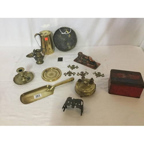 283 - COLLECTION OF COPPER AND BRASS TO INCLUDE A GONG ON STAND, KITCHEN SCALES AND AN UNUSUAL INDIAN OIL ... 