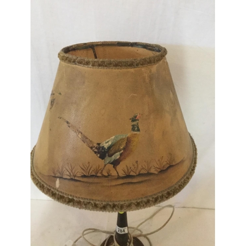 284 - VINTAGE TURN WOOD TABLE LAMP WITH PHEASANT LAMP SHADE