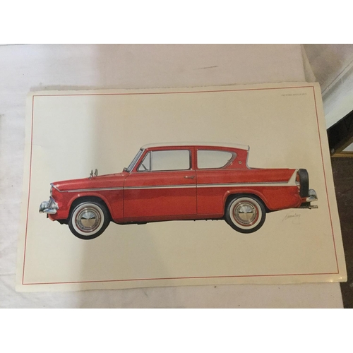 288 - OLD FORD ADVERTISING CALLENDAR BACK AND 3 CLASSIC CAR PRINTS