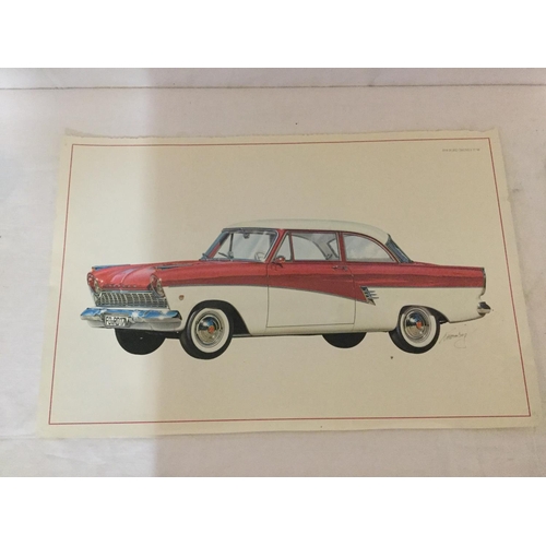 288 - OLD FORD ADVERTISING CALLENDAR BACK AND 3 CLASSIC CAR PRINTS